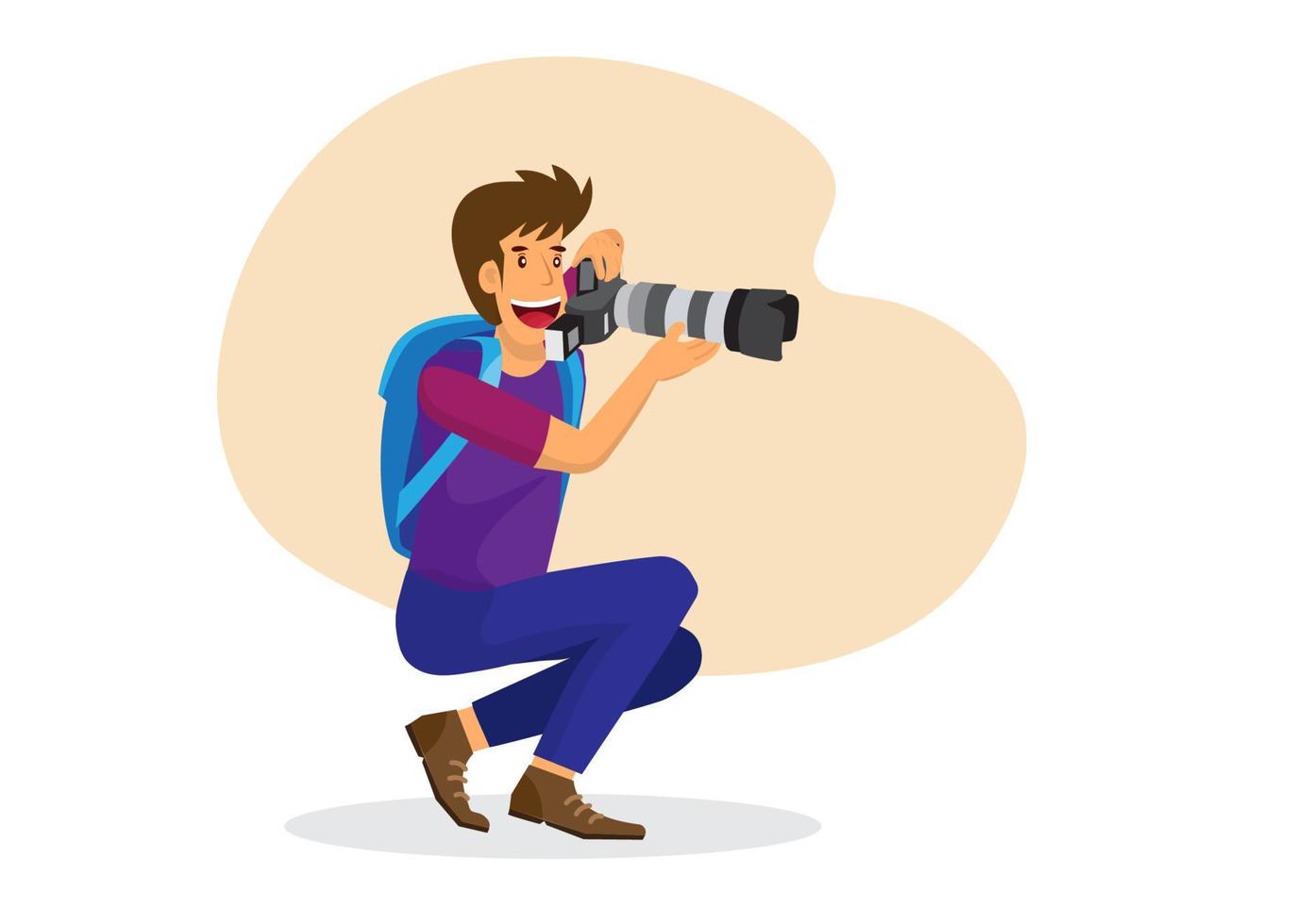 een mannelijke fotograaf met een high-end camera, een lange lens, die verre vogels of dieren fotografeert. vlakke stijl cartoon vectorillustratie vector