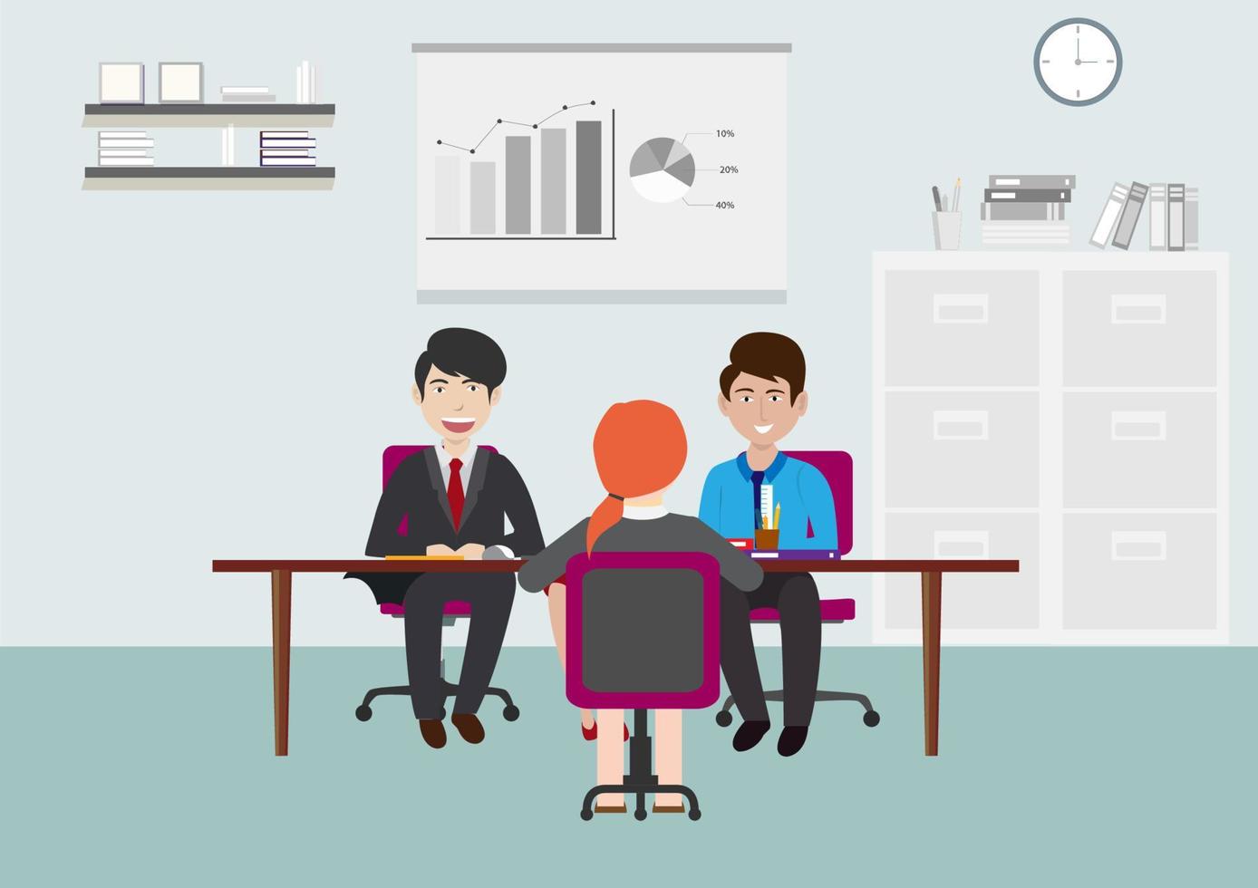 sollicitanten beantwoorden vragen van HR-managers tijdens sollicitatiegesprekken. vector