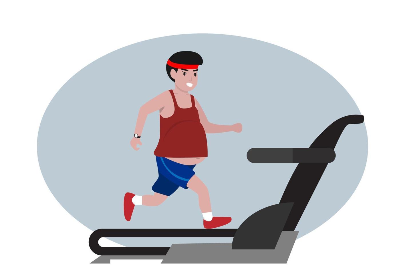 een jonge man die cardio-oefeningen doet op een loopband zwaarlijvige mannen verliezen gewicht. gezonde levensstijl. vector illustratie