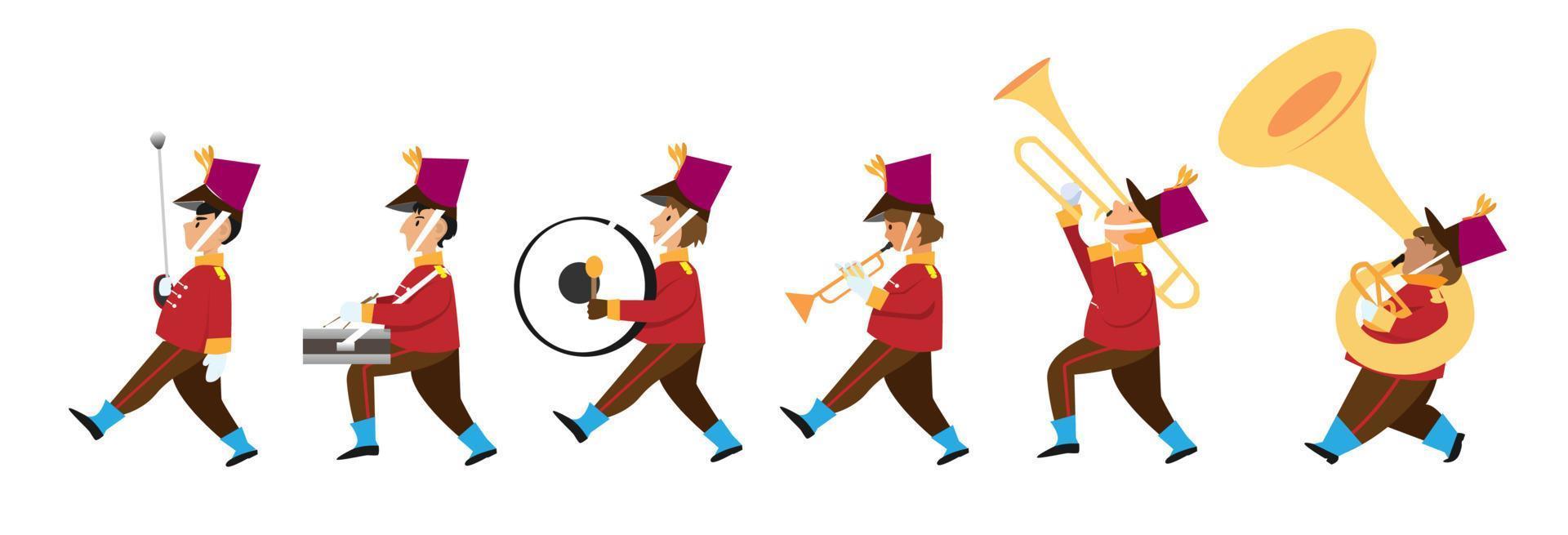 schattige kinderen die muziekinstrumenten bespelen in de parade van de fanfare. vlakke stijl cartoon illustratie vector