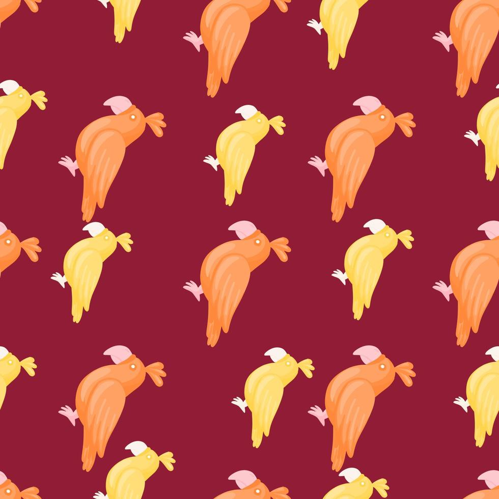 tropisch naadloos patroon met oranje en gele papegaaien silhouttes. kastanjebruine achtergrond. handgetekende afdrukken. vector