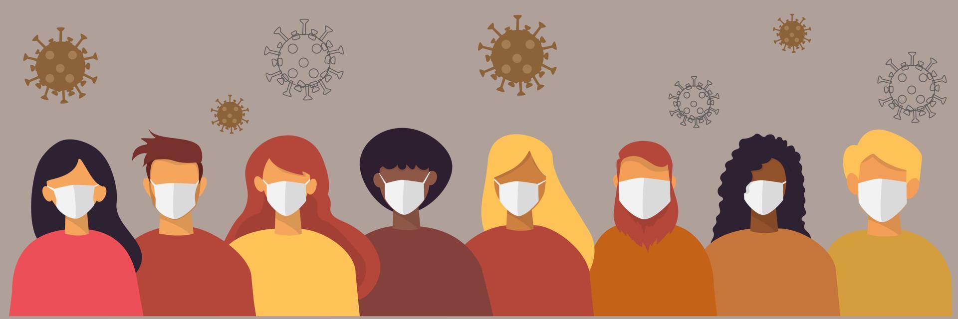 portretten van verschillende nationaliteiten hebben verschillende huidtinten en haarkleuren. iedereen draagt een medisch masker. om coronavirusinfectie te voorkomen platte ontwerpvector vector