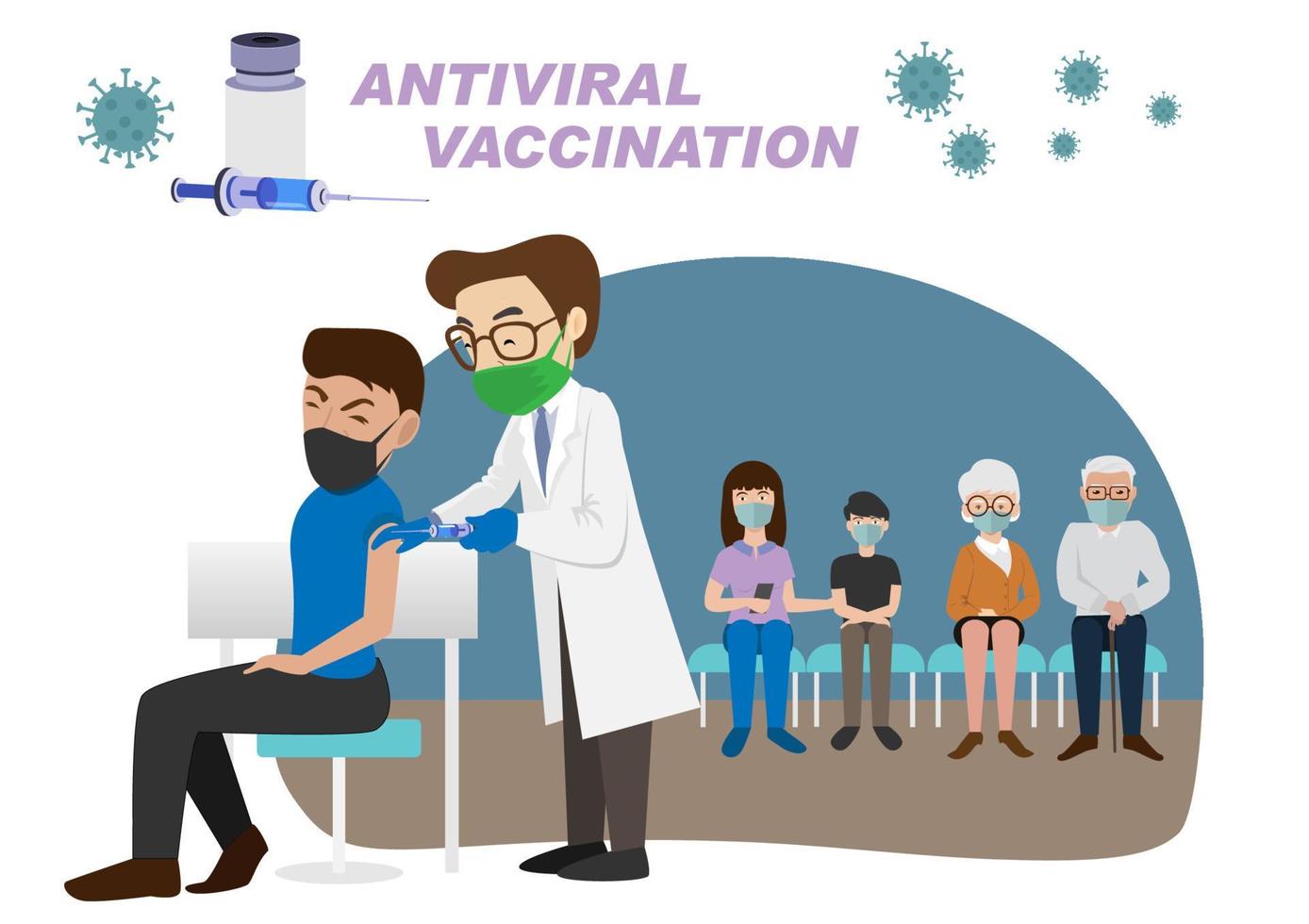 mensen vaccinatie concept voor immuungezondheid. covid19. een dokter vaccineert een man. en degenen die wachten op het vaccin ontvangen gezondheidszorg, preventie en immuniteit tegen coronavirus vector