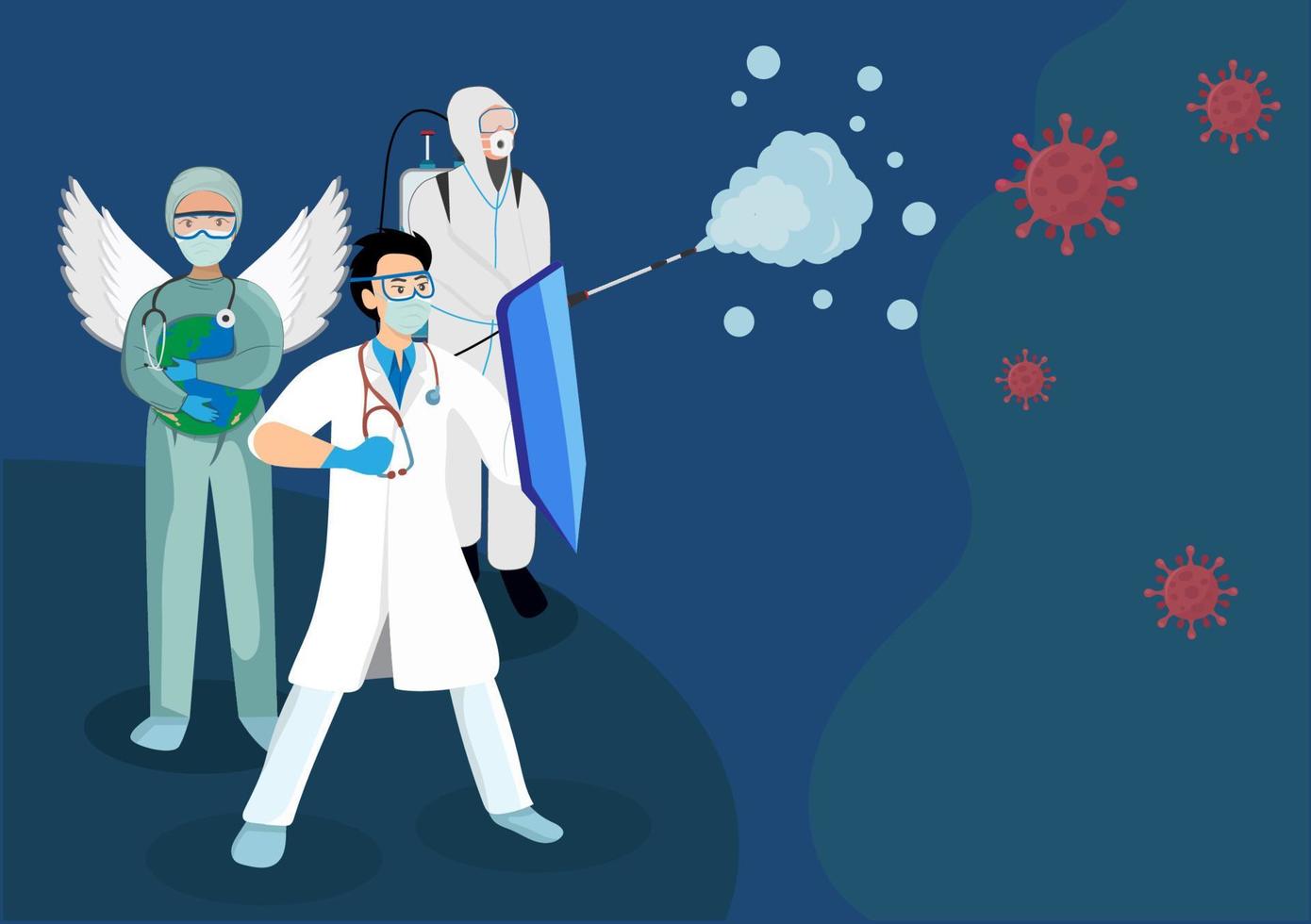 artsen, verpleegkundigen en wetenschappers die strijden tegen het coronavirus 2019 dat wereldwijd een pandemie is. vlakke stijl cartoon illustratie vector