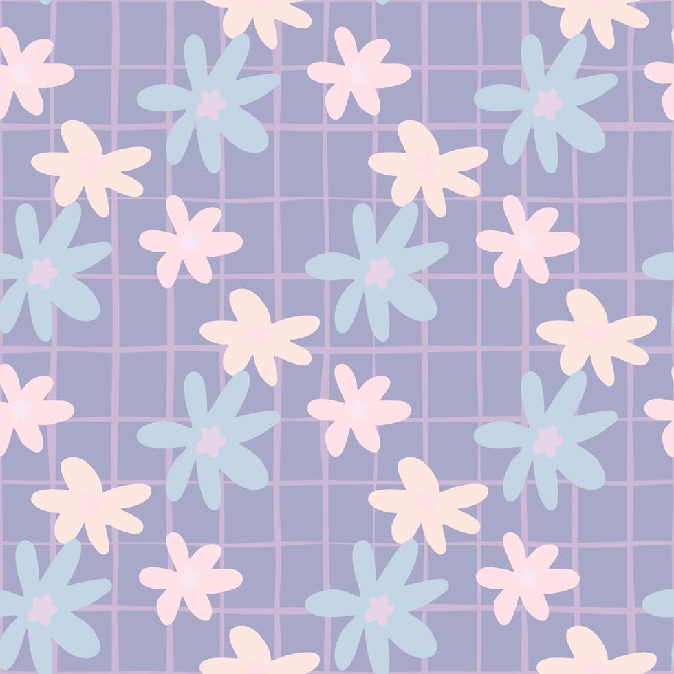 kamille bloemen naadloze doodle patroon. madeliefjeornament in roze en blauwe tinten op pastelblauwe geruite achtergrond. vector