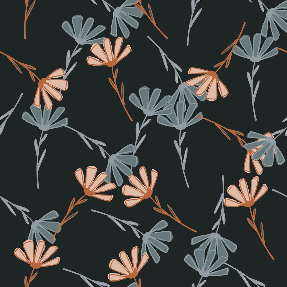 botanisch naadloos patroon met grijze en oranje omtrekmadeliefjesprint. zwarte achtergrond. vector