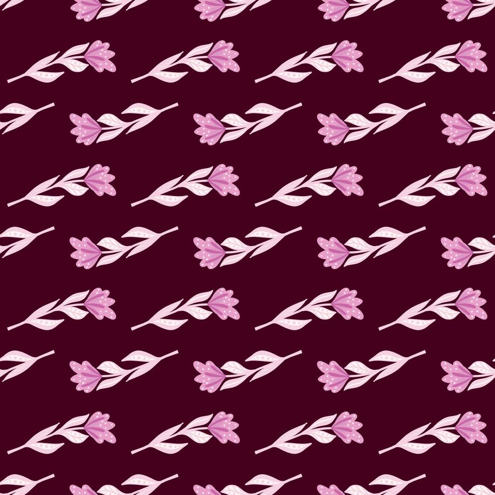 kleine roze eenvoudige bloemen vormen naadloos doodle patroon. donkere kastanjebruine achtergrond. botanische doodle stijl. vector