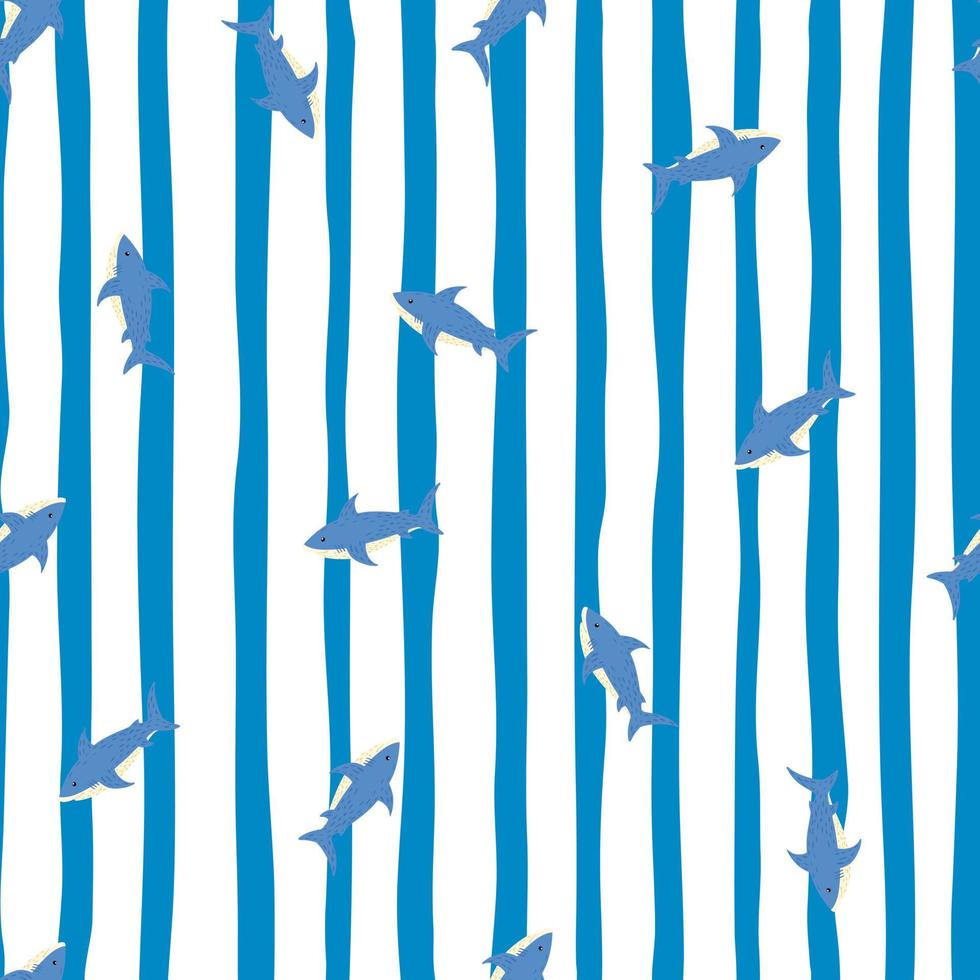 contrast dier wild naadloos patroon met kleine blauwe haaien. gestreepte achtergrond. heldere tropische kunstwerken. vector