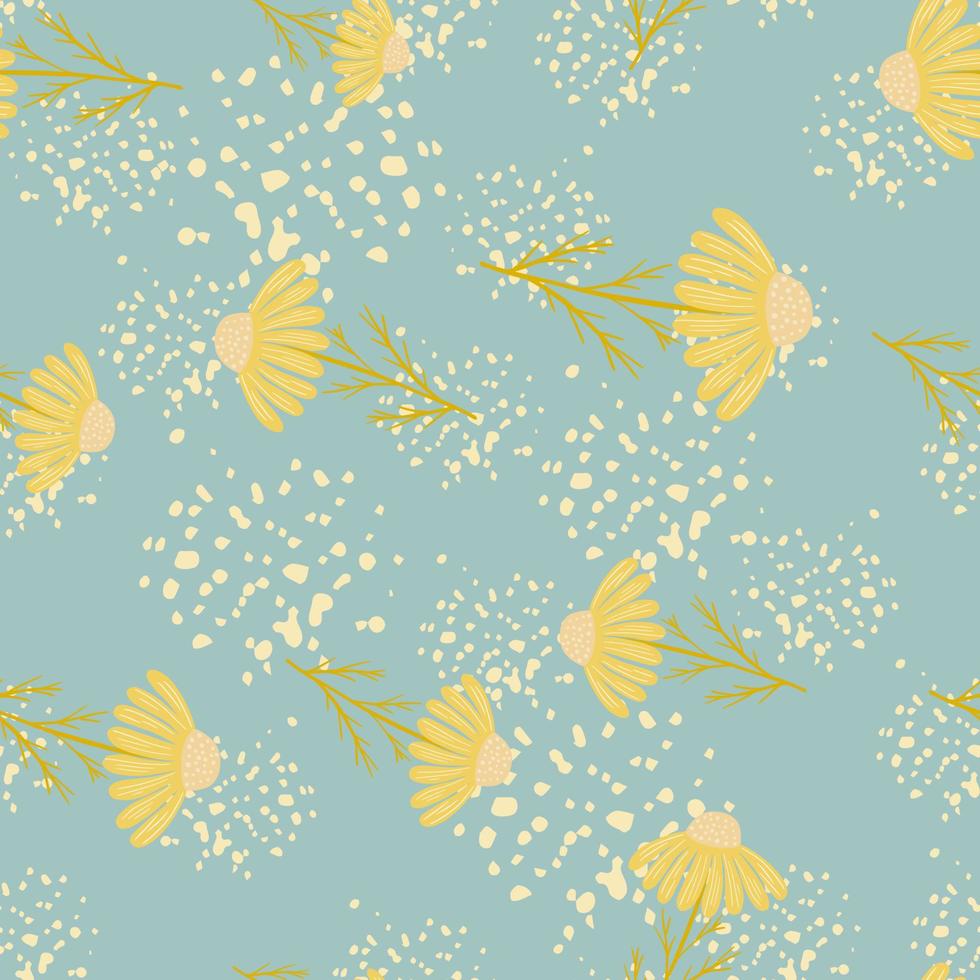 hand getekend willekeurig geel madeliefje bloemen naadloos patroon. blauwe achtergrond met spatten. vintage-stijl. vector