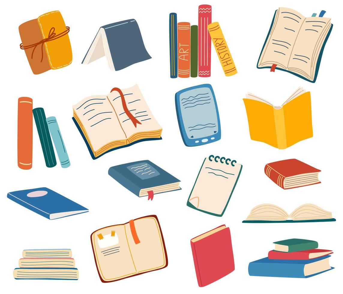 boeken grote reeks. educatief materiaal, literatuur realistische tekening. persoonlijke planners, notitieboekjes. lege schoolboeken, hardbacks met lege paginaboekstapels, stapels. handgetekende vectorillustraties vector