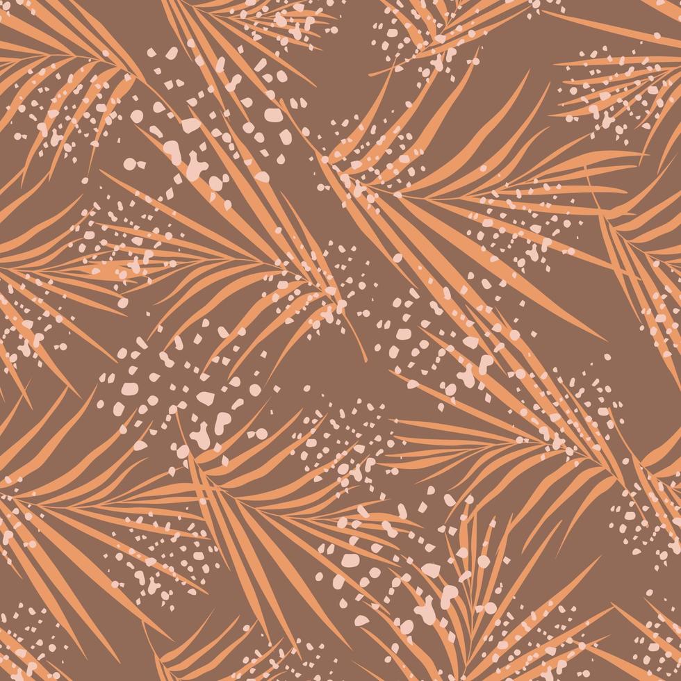 willekeurig naadloos herfstpatroon met varenbladsilhouetten. oranje creatieve botanische sihouettes op bruine achtergrond met spatten. vector