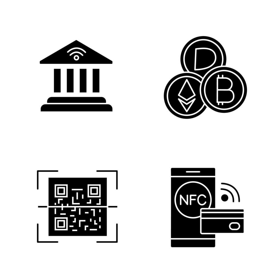 e-betaling glyph pictogrammen instellen. online bankieren, cryptocurrency, qr-codescanner, nfc-betaling. silhouet symbolen. vector geïsoleerde illustratie
