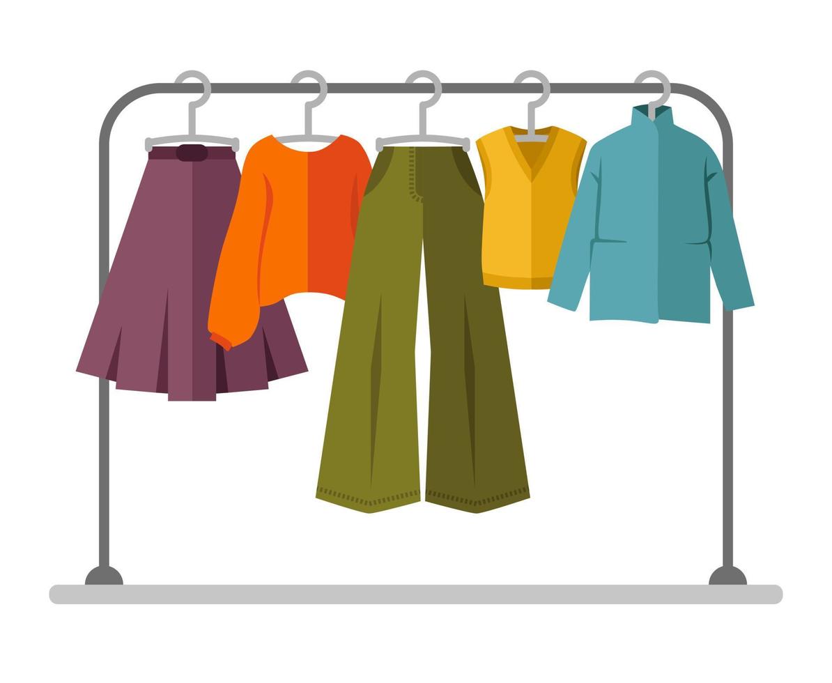 vectorillustratie, set van kleding op een hanger. kledingwinkel, herfstgarderobe. winkelen, winkelconcept. seizoensgebonden verkoop van kleding. kleding pictogrammen instellen vector