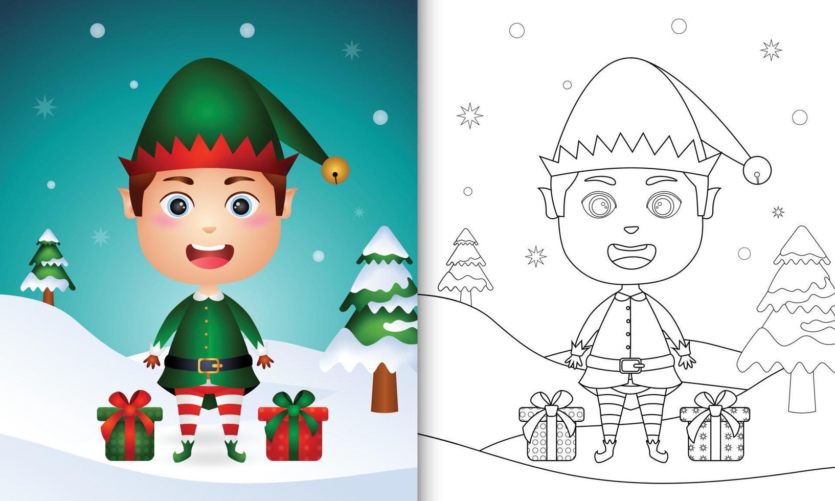 kleurboek met een schattige jongen elf kerstfiguren met een zak geschenken vector