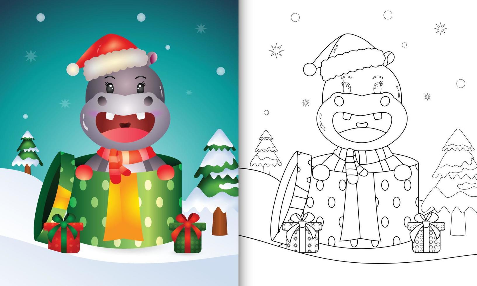 kleurboek met schattige nijlpaard-kerstfiguren met kerstmuts en sjaal in de geschenkdoos vector