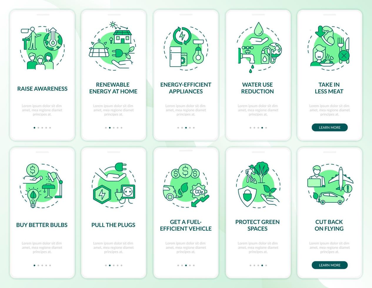 klimaatverandering en opwarming van de aarde groene onboarding mobiele app-schermset. walkthrough 5 stappen grafische instructiepagina's met lineaire concepten. ui, ux, gui-sjabloon. talloze pro-bold, reguliere lettertypen gebruikt vector