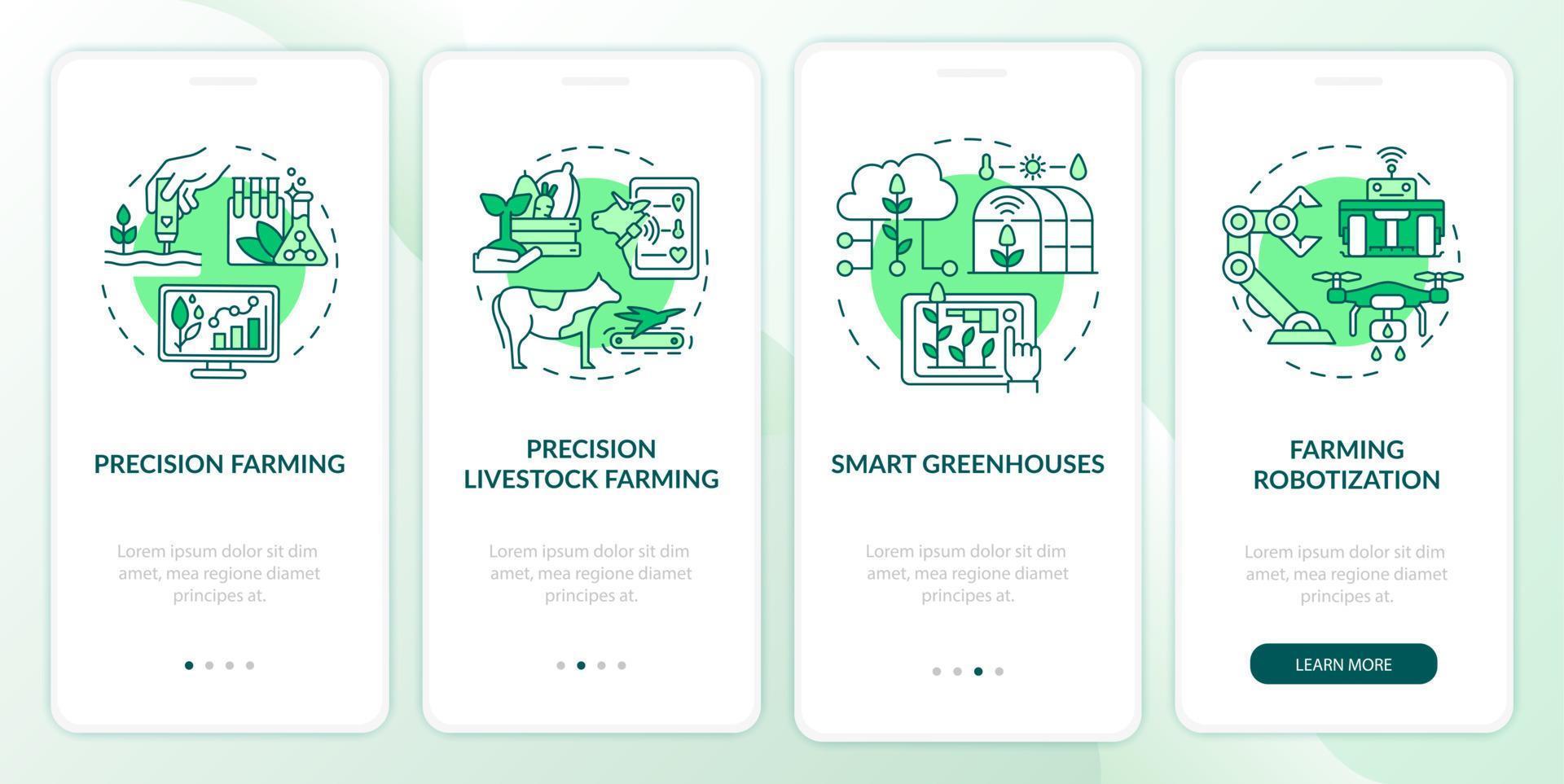 digitale landbouw groene onboarding mobiele app-scherm. slimme kassen walkthrough 4 stappen grafische instructiepagina's met lineaire concepten. ui, ux, gui-sjabloon. talloze pro-bold, reguliere lettertypen gebruikt vector