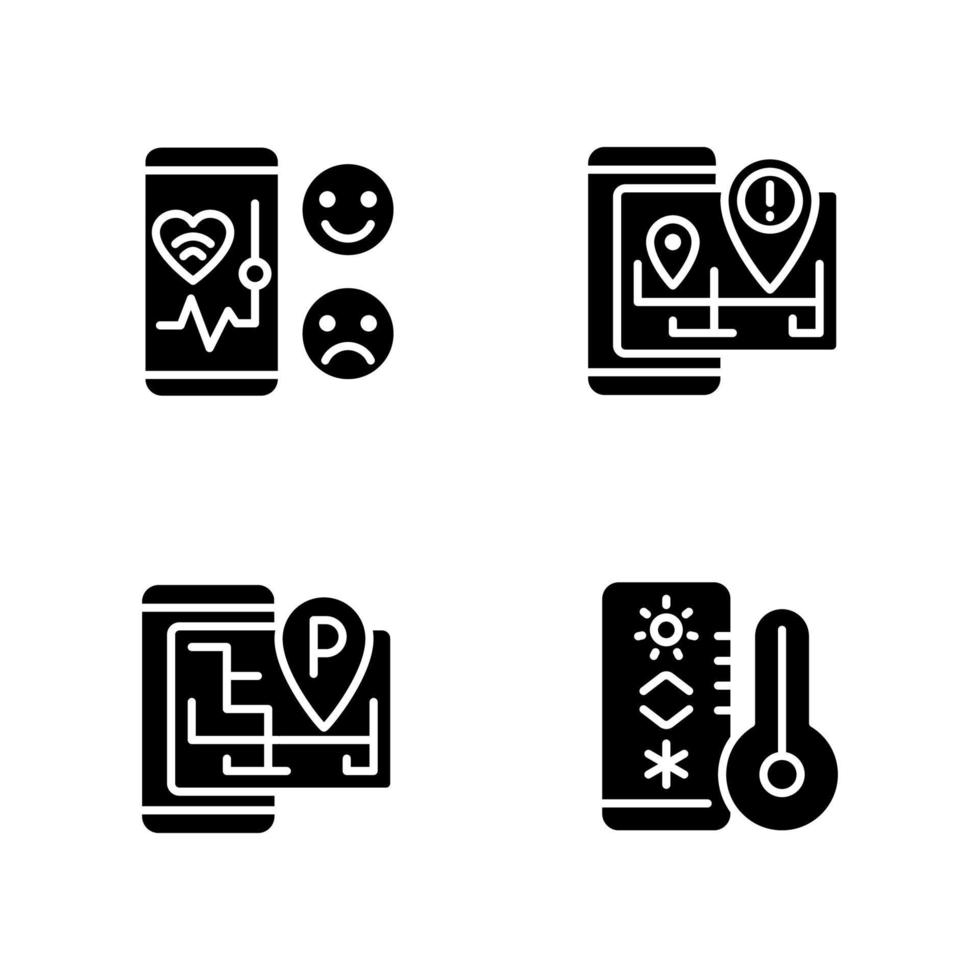 mobiele toepassingen zwarte glyph pictogrammen instellen op witte ruimte. zorg dienst. GPS navigatie. internet van dingen. silhouet symbolen. stevig pictogrampakket. vector geïsoleerde illustratie