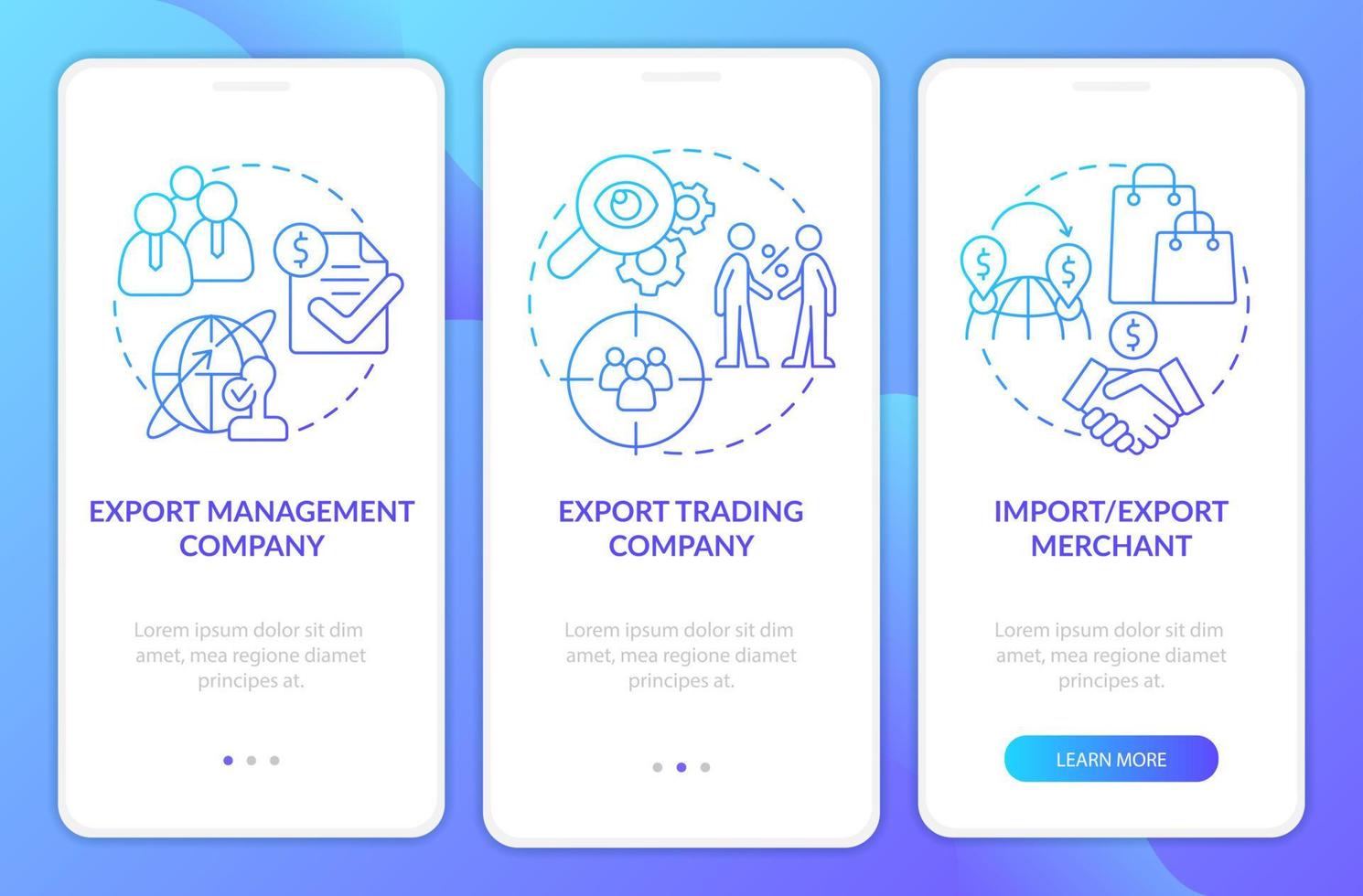 soorten export bedrijf blauw verloop onboarding mobiele app-scherm. walkthrough 3 stappen grafische instructiepagina's met lineaire concepten. ui, ux, gui-sjabloon. talloze pro-bold, reguliere lettertypen gebruikt vector