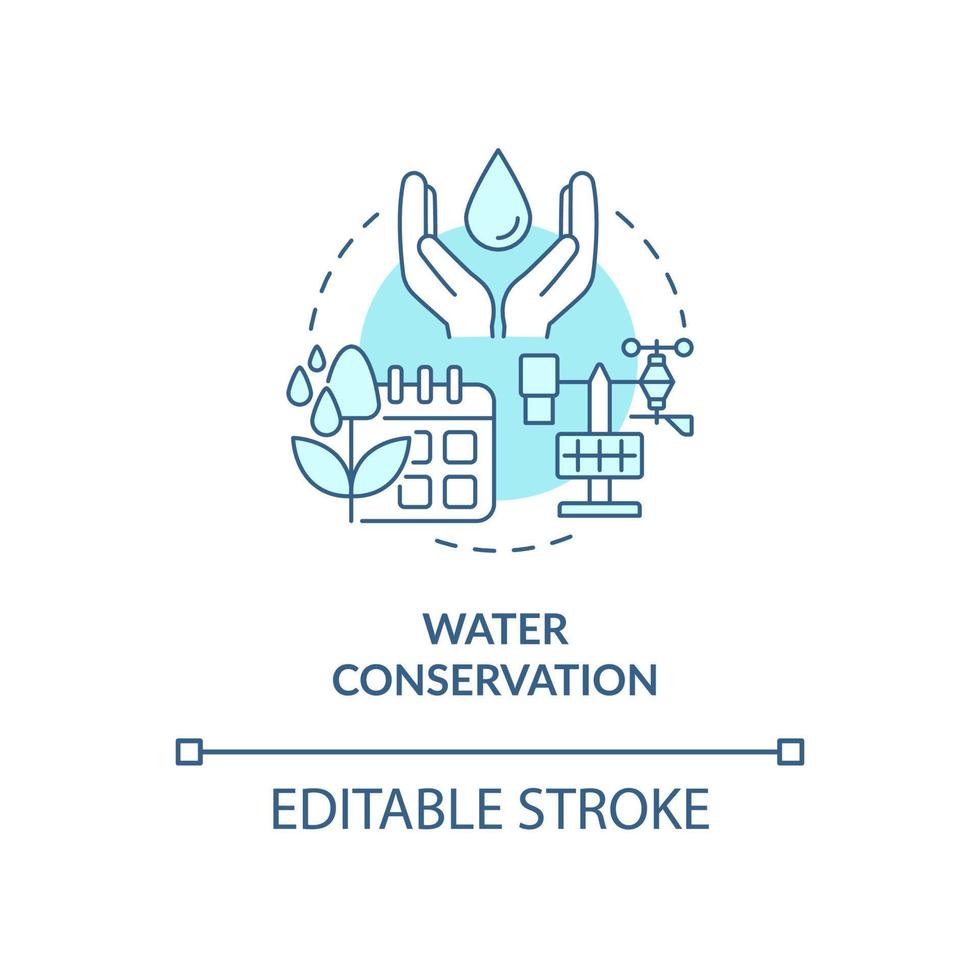 waterbehoud turkoois concept icoon. druppelirrigatie abstracte idee dunne lijn illustratie. slimme landbouw. geïsoleerde overzichtstekening. bewerkbare streek. roboto-medium, talloze pro-bold lettertypen gebruikt vector