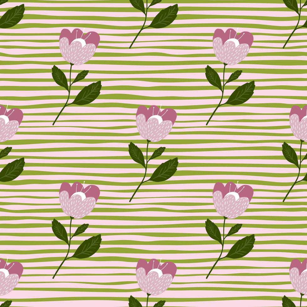 geometrische doodle roze bloemen naadloze patroon op streep achtergrond. vector