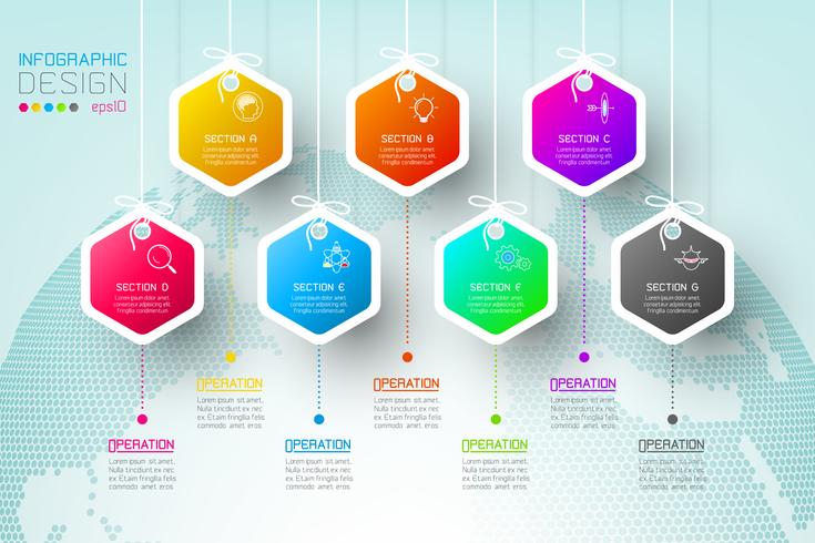 Zakelijke hexagon-labels vormen een infographic-groepenbalk. vector