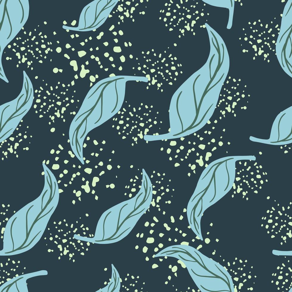 natuurlijke willekeurige blauwe blad mandarijn naadloze patroon in doodle stijl. marineblauwe achtergrond met spatten. vector