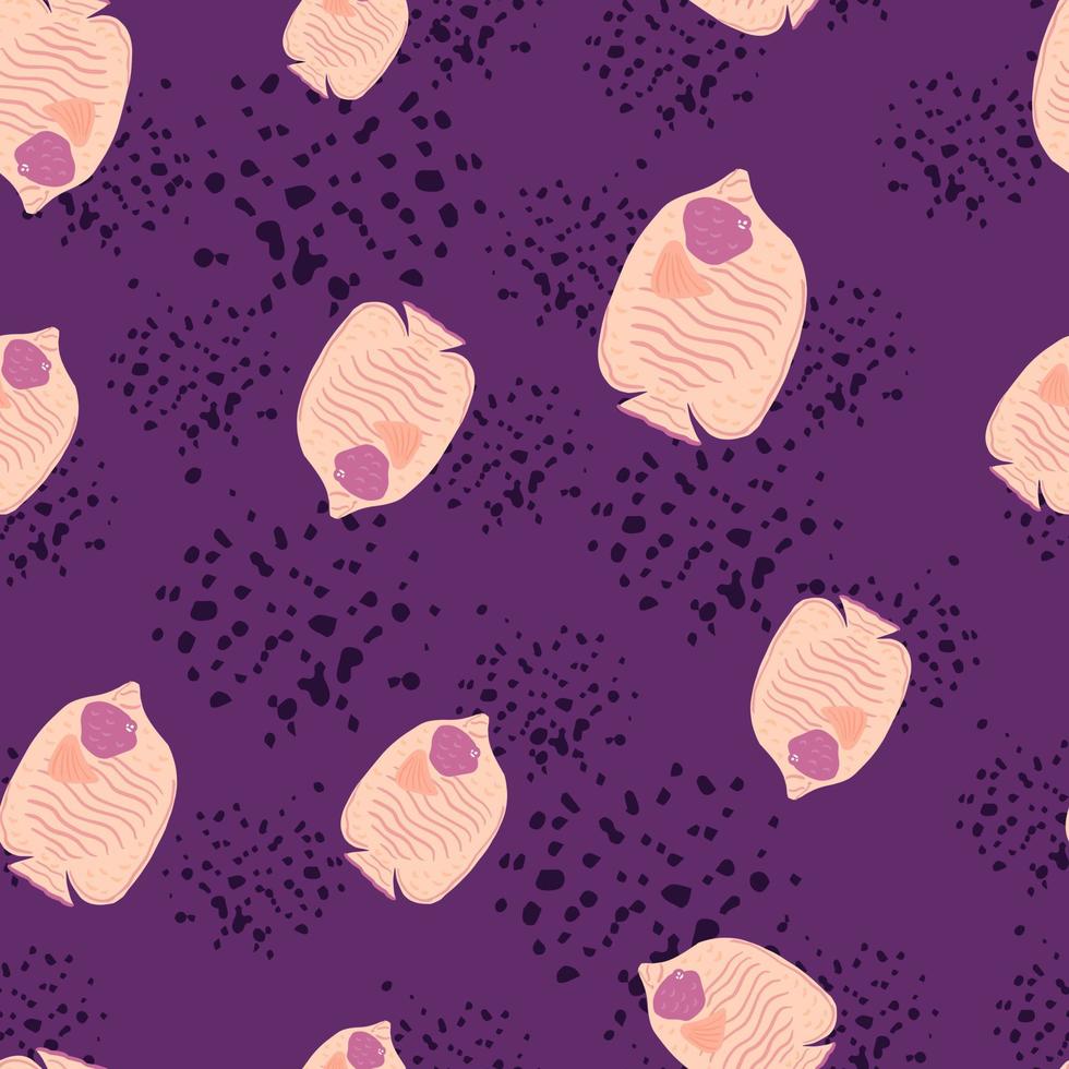 naadloos willekeurig patroon met eenvoudige roze vlindervissensilhouetten. paarse achtergrond met spatten. vector