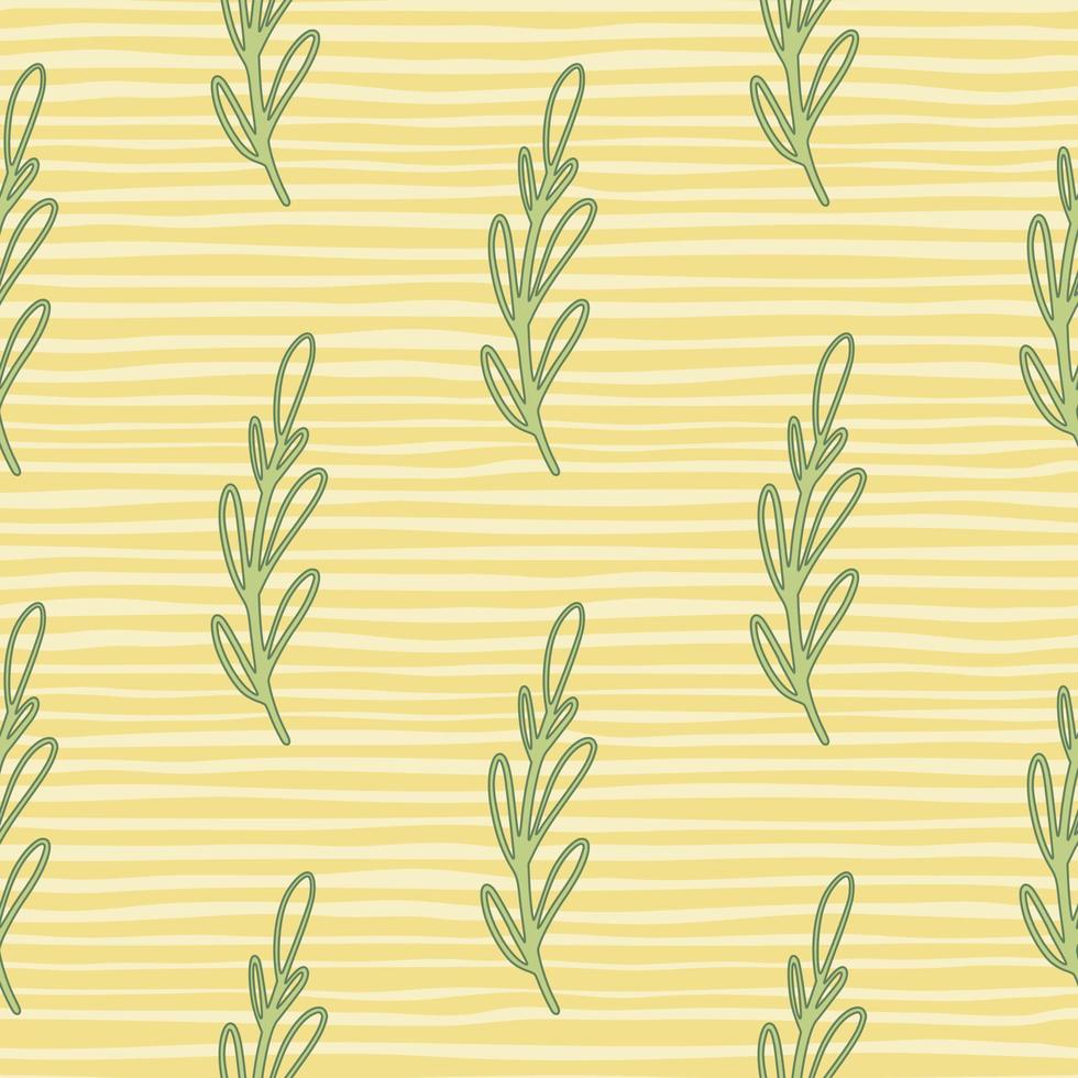 natuur groene omtrek takken ornament naadloze patroon in de hand getekende stijl met gele gestreepte achtergrond. vector
