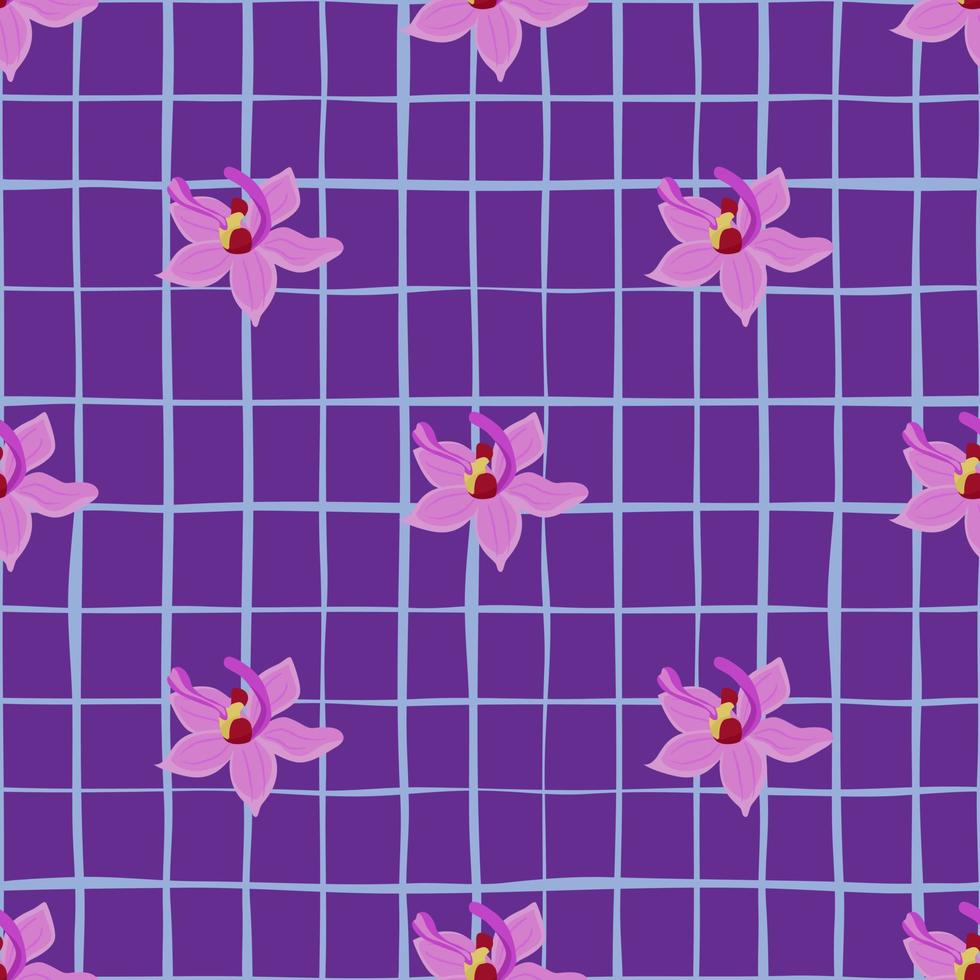 lila kleuren orchidee bloemen vormen naadloze doodle patroon. paarse geruite achtergrond. eenvoudige stijl. vector