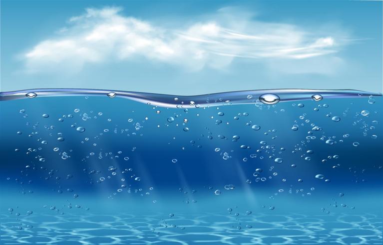 Realistische onderwaterachtergrond. Oceaan diep water, zee onder water niveau, zonnestralen blauwe golf horizon. Wateroppervlak 3D-vector concept vector