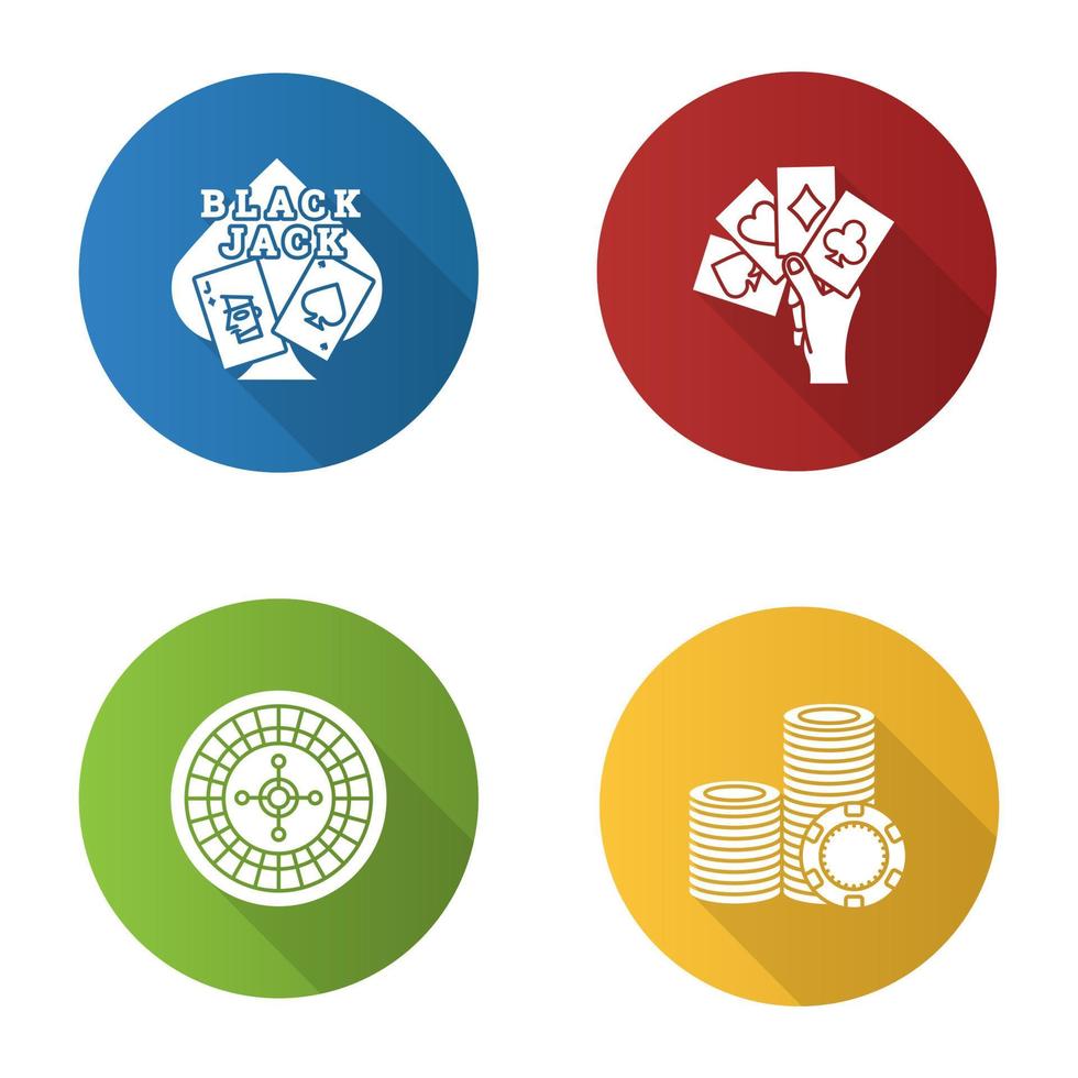 casino platte ontwerp lange schaduw glyph pictogrammen instellen. blackjack, vier azen in de hand, roulette, stapel speelpenningen. vector silhouet illustratie