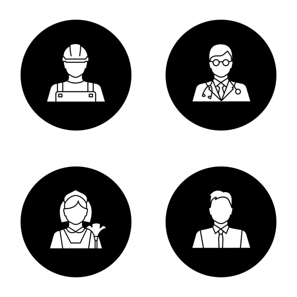 beroepen glyph pictogrammen instellen. beroepen. bouwer, dokter, meid, showman, kantoormedewerker. vector witte silhouetten illustraties in zwarte cirkels