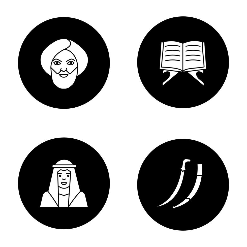 islamitische cultuur glyph pictogrammen instellen. moslimmannen in traditionele kleding, koranboek, kromzwaard. vector witte silhouetten illustraties in zwarte cirkels