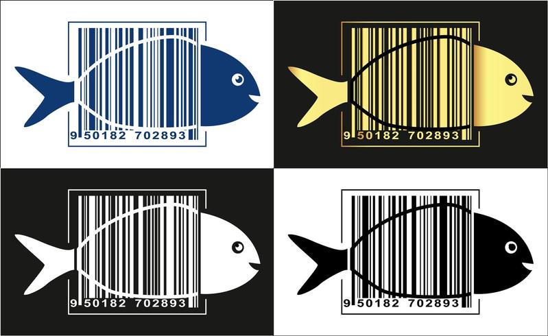 Visembleem, vis in streepjescode over zijn lichaam. Vector illustratie.