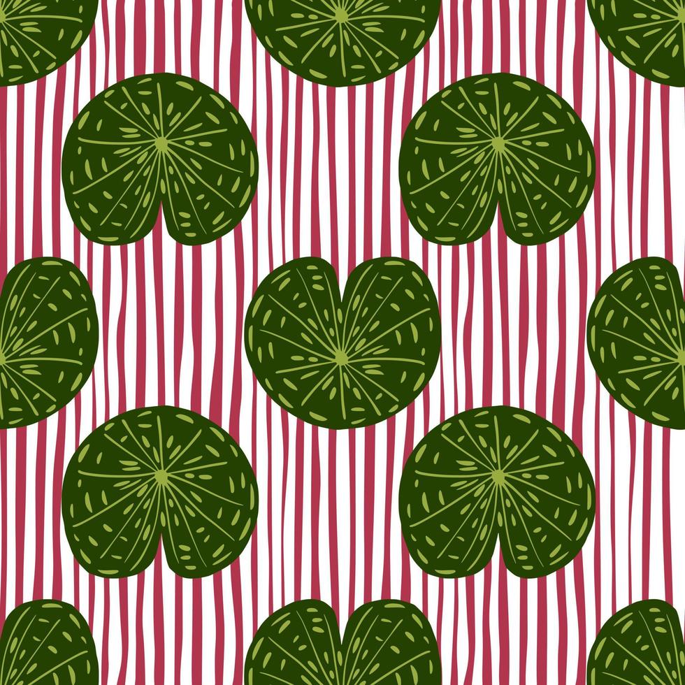 abstracte plantkunde natuur naadloze patroon met groene lily water silhouetten print. rood en wit gestreepte achtergrond. vector