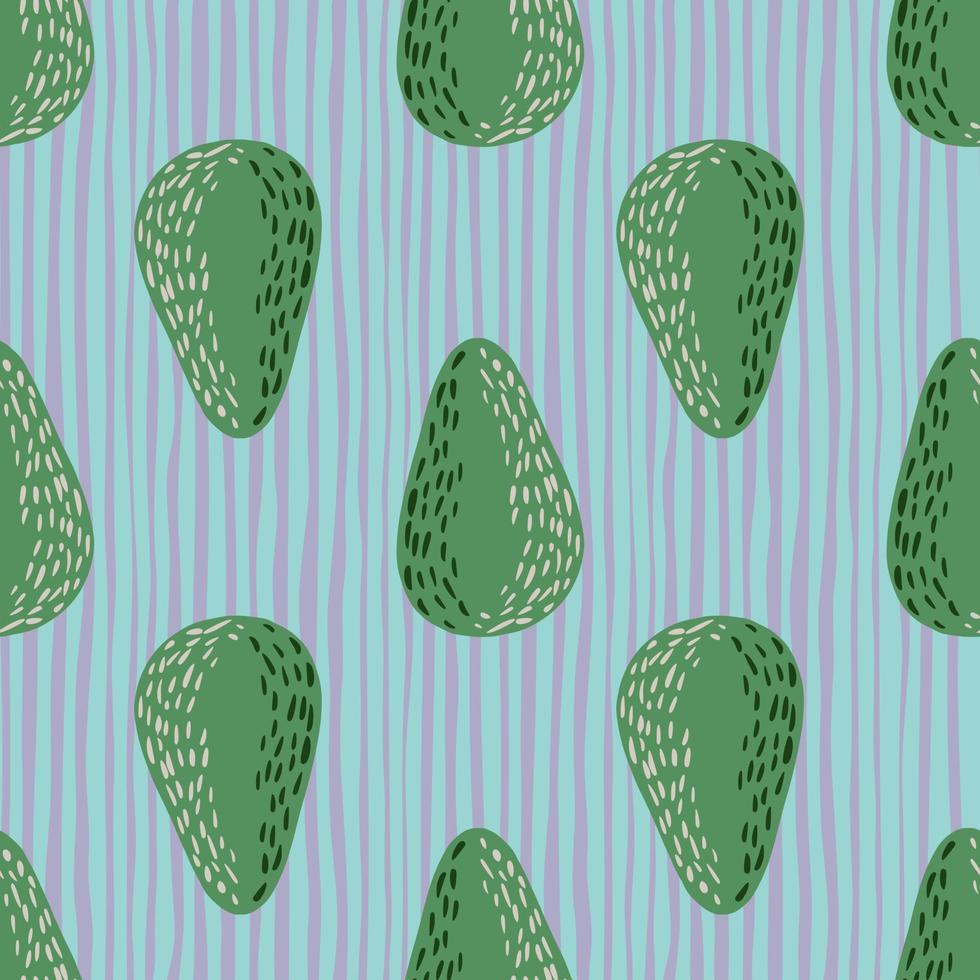 groene biologische avocado's naadloze cartoon patroon. handgetekende gestileerde natuurlijke print op blauwe gestripte achtergrond. vector