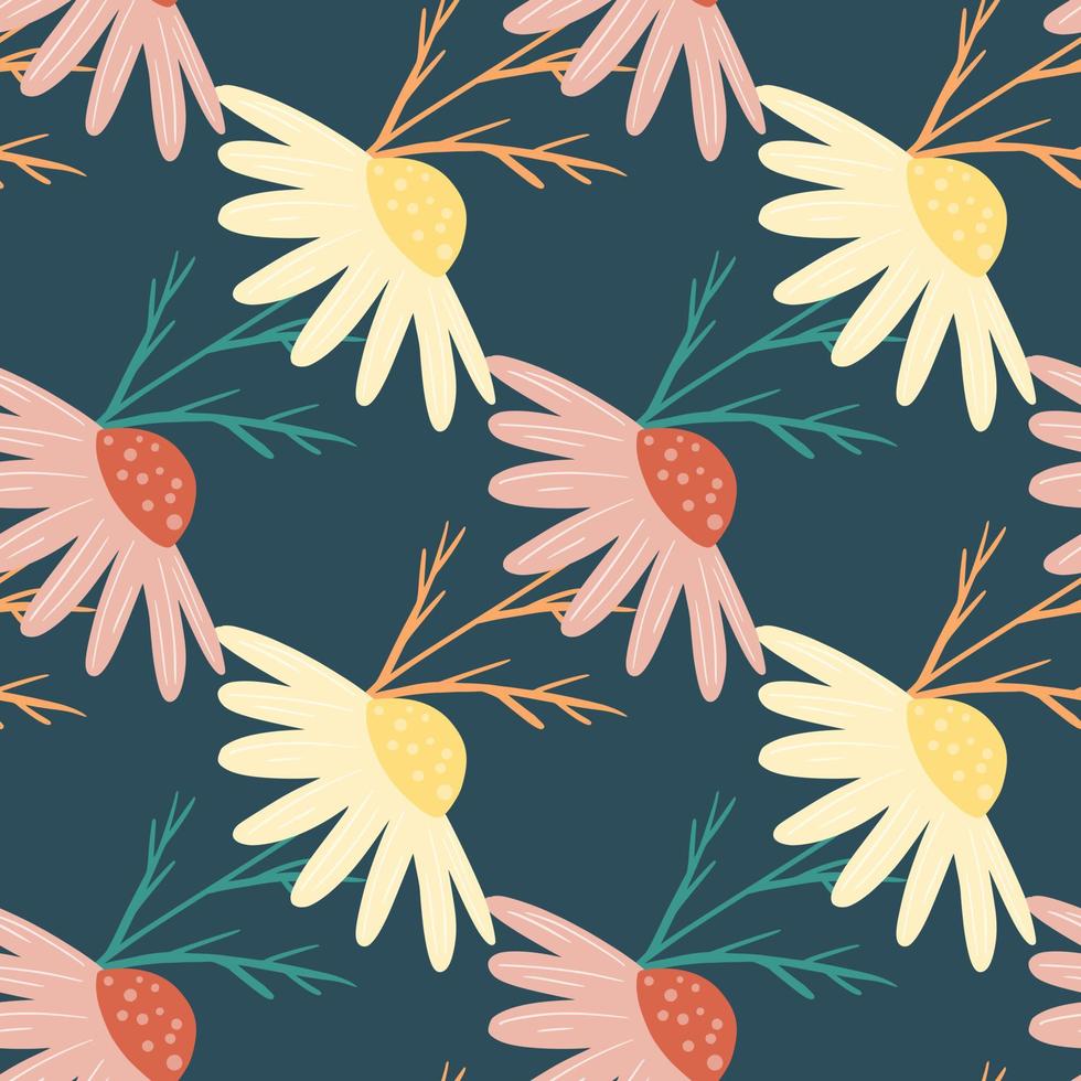 decoratief naadloos patroon met doodle kamille bloemen print. marineblauwe achtergrond. gele en roze bloemen. vector