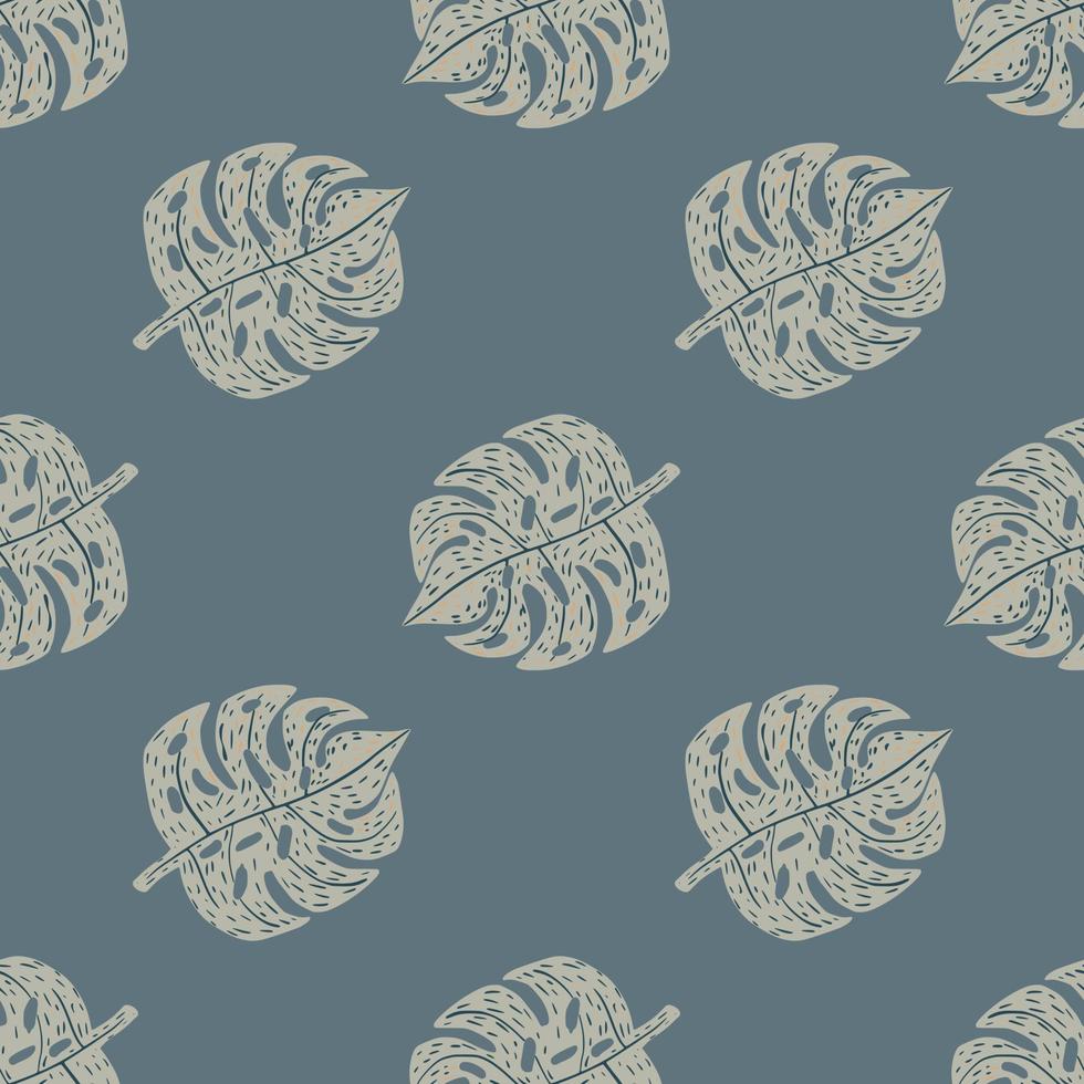 minimalistische bleke naadloze patroon met grijze monstera blad silhouetten. pastel marineblauwe achtergrond. vector