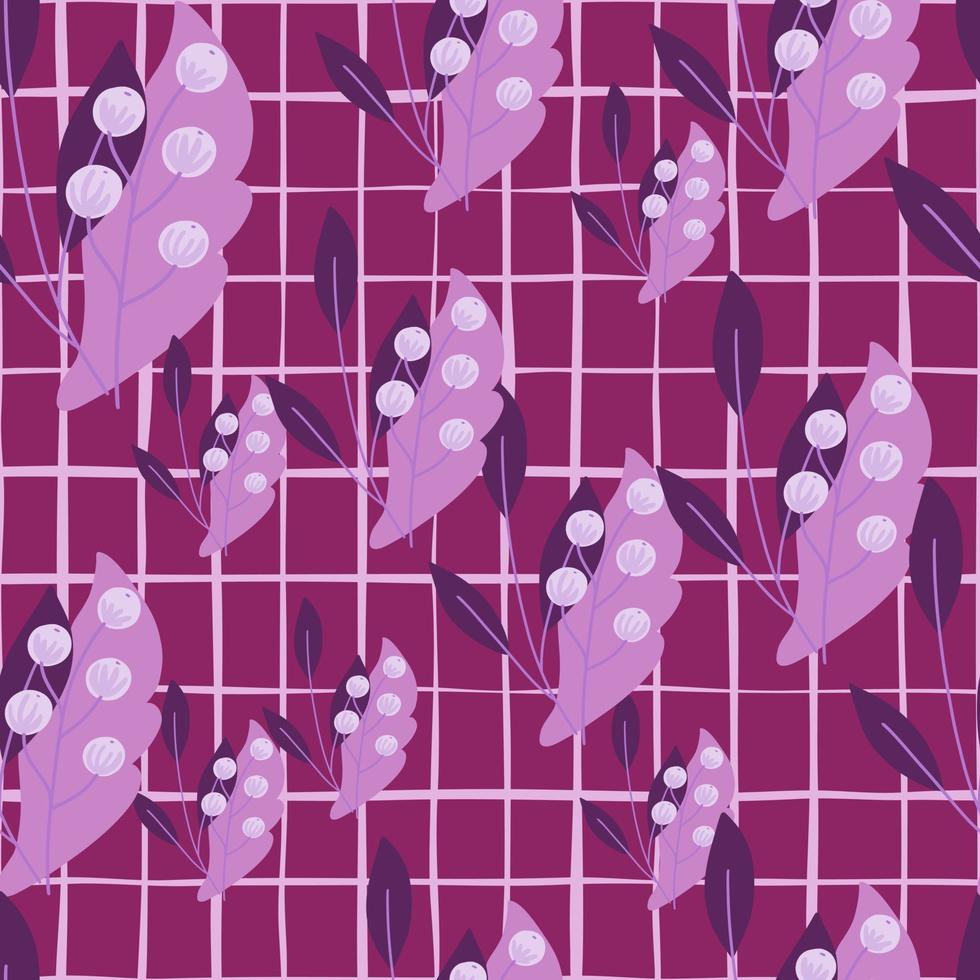 willekeurig lila lijsterbessen en gebladerte elementen naadloos patroon. paarse geruite achtergrond. abstracte afdrukken. vector
