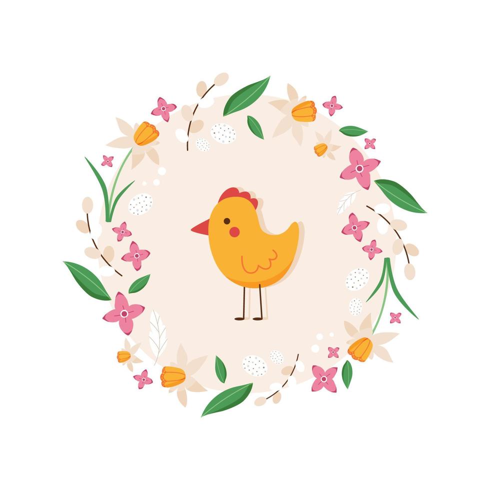 schattig Pasen frame met baby kip en bloemen. vector illustratie