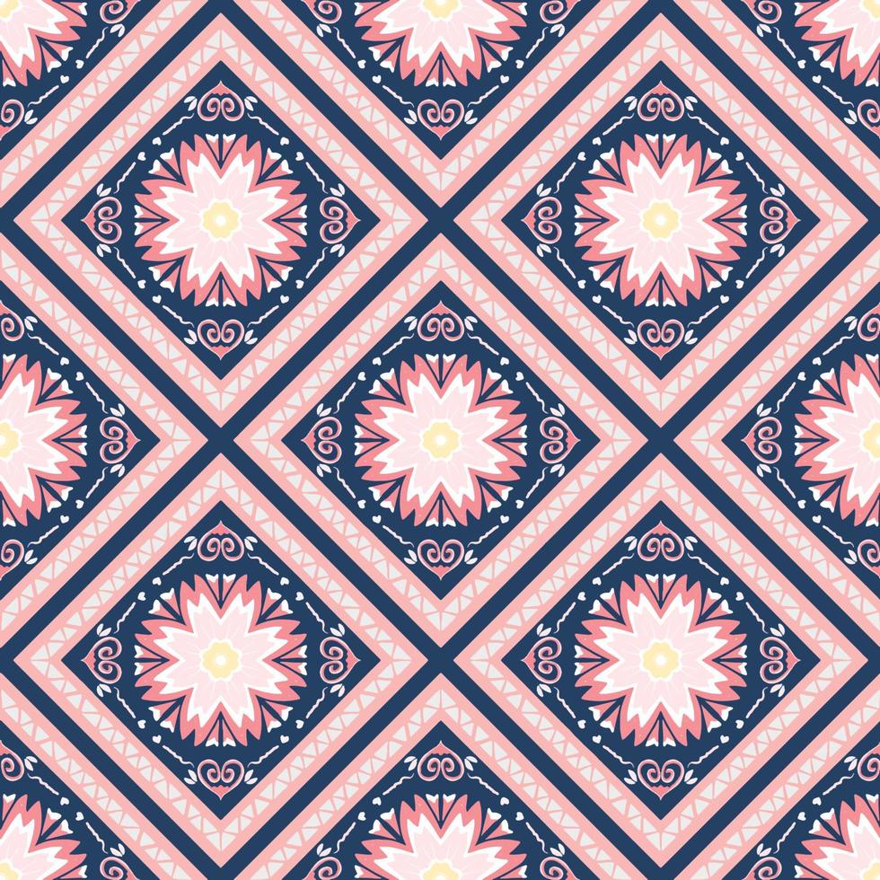 geel, roze, wit op indigoblauw. geometrische etnische oosterse patroon traditioneel ontwerp voor achtergrond, tapijt, behang, kleding, verpakking, batik, stof, vector illustratie borduurstijl