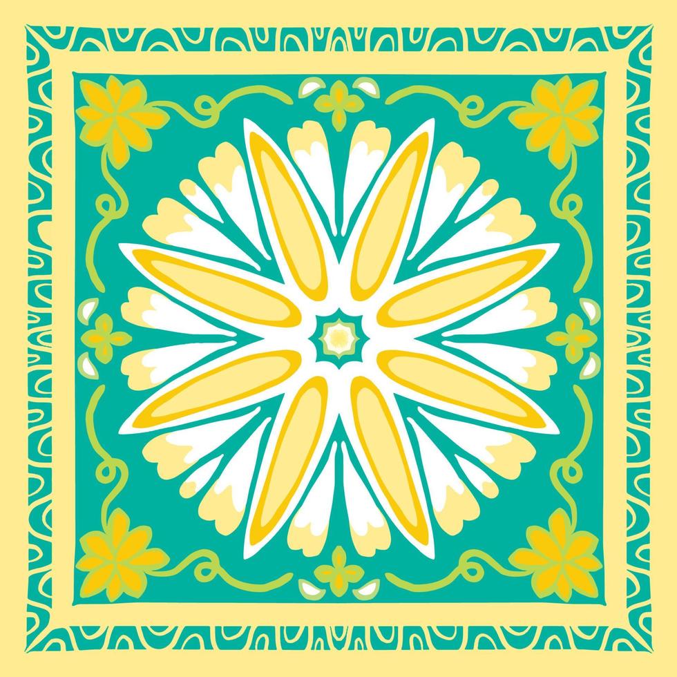 geel, wit, groen op groenblauw sjaal omslagdoek. geometrische etnische oosterse patroon traditioneel ontwerp voor achtergrond, tapijt, behang, kleding, verpakking, batik, stof, vector illustratie borduurstijl