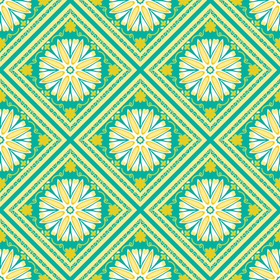 geel, wit, groen op groenblauw. geometrische etnische oosterse patroon traditioneel ontwerp voor achtergrond, tapijt, behang, kleding, verpakking, batik, stof, vector illustratie borduurstijl