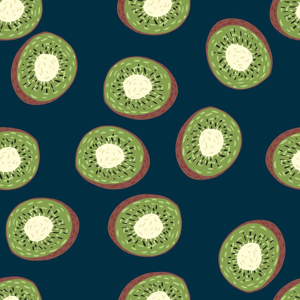 willekeurig naadloos patroon met groene kiwi plakjes sieraad. marineblauwe achtergrond. eenvoudige voedselachtergrond. vector