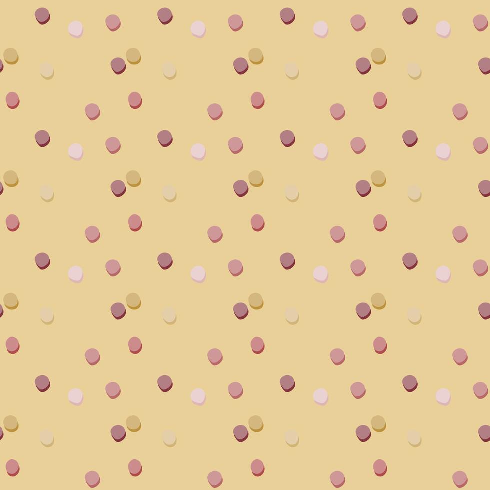 willekeurig gelegen polka dot geometrisch patroon. beige achtergrond en paarse, lila en witte stippen. vector