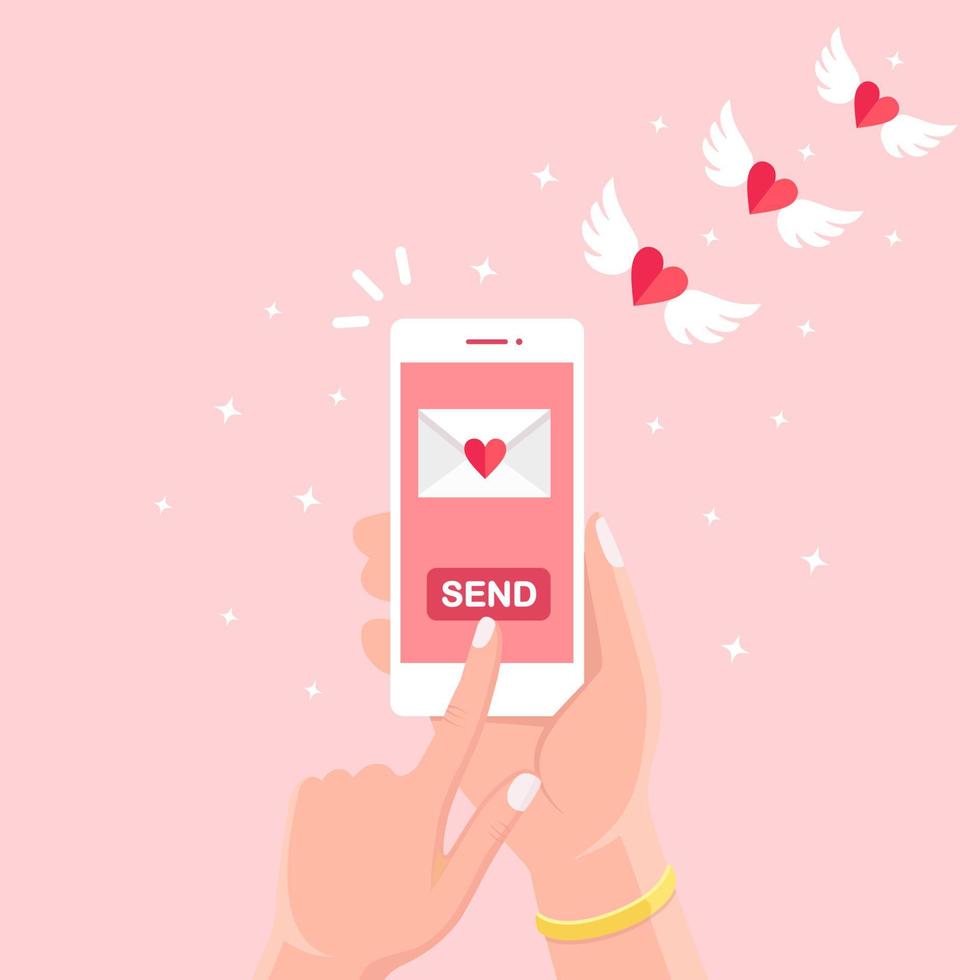 Valentijnsdag illustratie. stuur of ontvang liefdes-sms, brief, e-mail met mobiele telefoon. witte mobiele telefoon in de hand geïsoleerd op de achtergrond. vliegende envelop met rood hart, vleugels. vector plat ontwerp