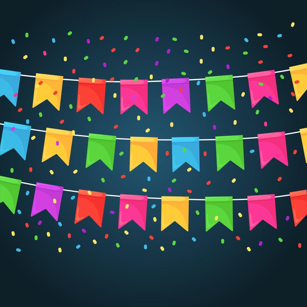 banner met slinger van kleur festival vlaggen en linten, gors. achtergrond voor het vieren van een gelukkig verjaardagsfeestje, carnaval, kermis. vector plat ontwerp