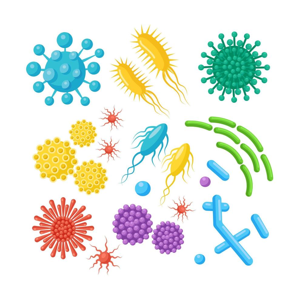 set van bacteriën, microben, virussen, ziektekiemen. ziekteverwekkend object geïsoleerd op de achtergrond. bacteriële micro-organismen, probiotische cellen. vectorbeeldverhaalontwerp. vector