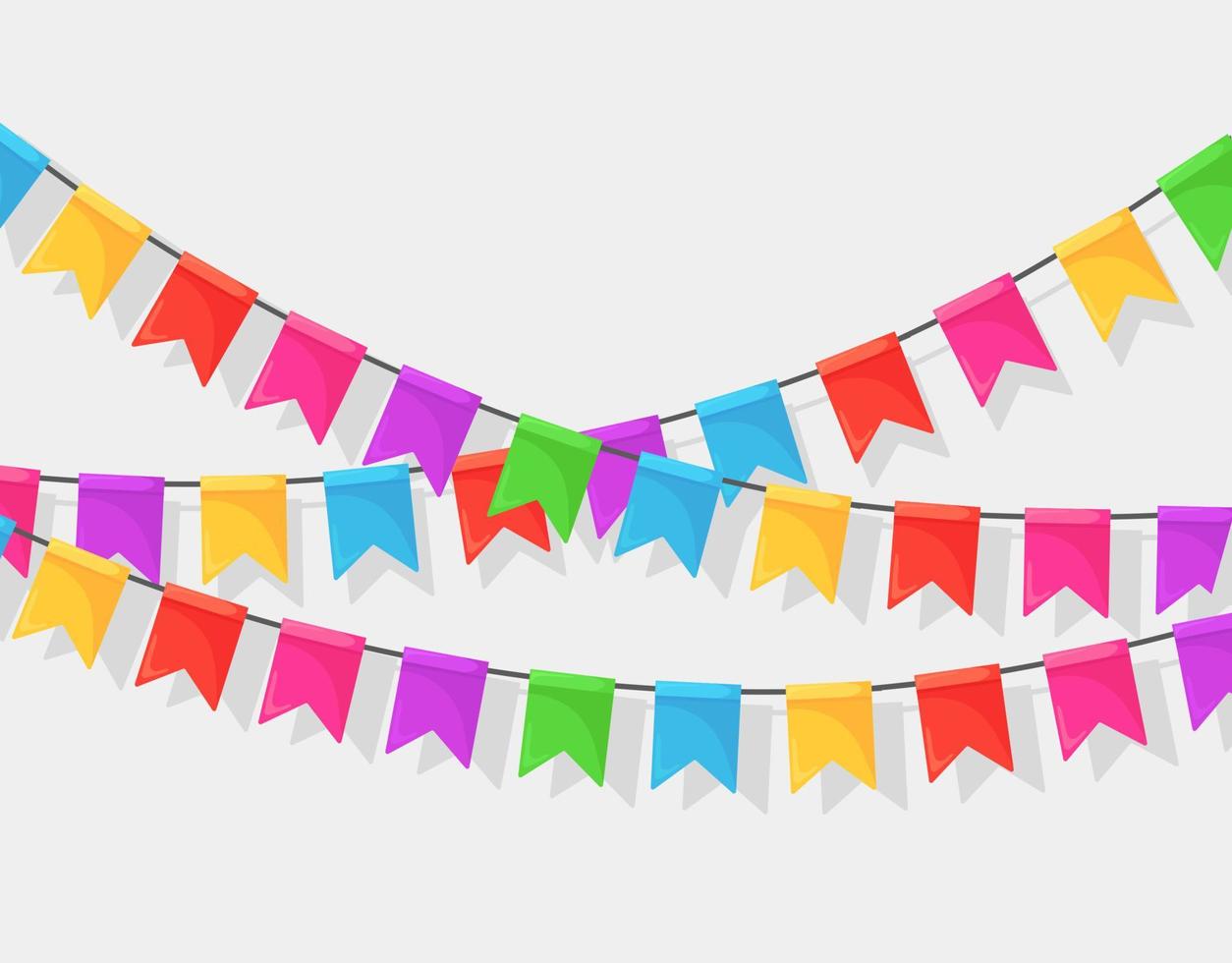 banner met slinger van kleur festival vlaggen en linten, bunting geïsoleerd op een witte achtergrond. decoratie, symbolen voor het vieren van een gelukkig verjaardagsfeestje, carnaval, kermis. vector plat ontwerp